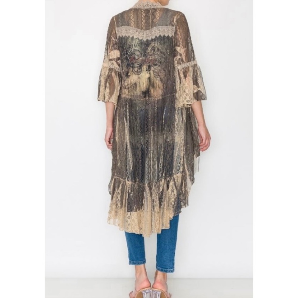 Origami Lace Duster Cardigan Women XL Brown Western Boho Horse Skull Graphic New - Picture 4 of 6